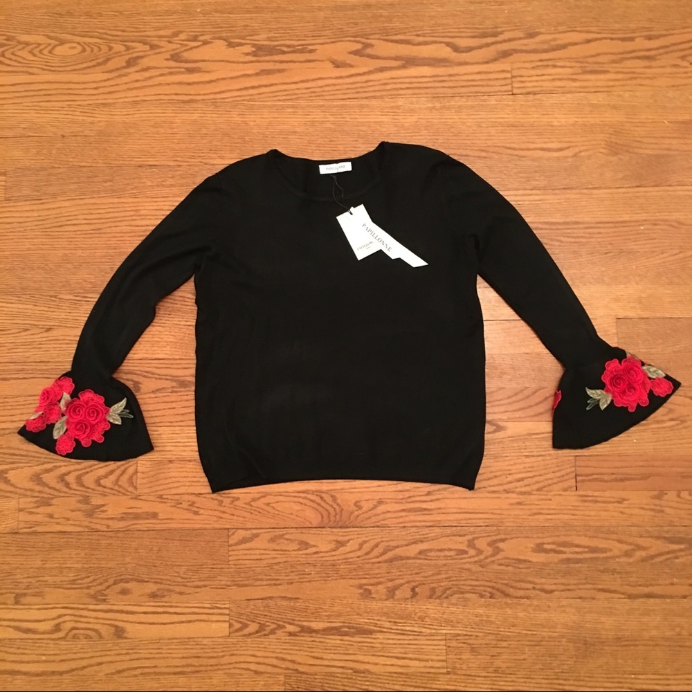 NWT:  French Sweater Unique 3D Floral Sleeve Black